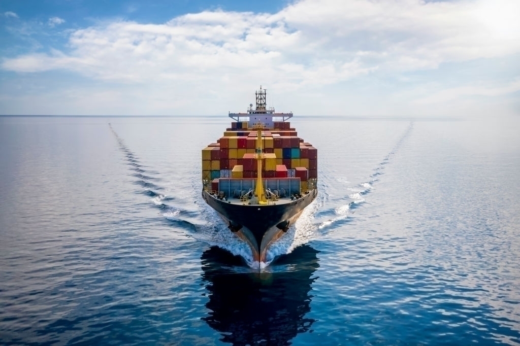 Front View of A Large Cargo Ship In The Ocean Front View of A Large Cargo Ship In The Ocean