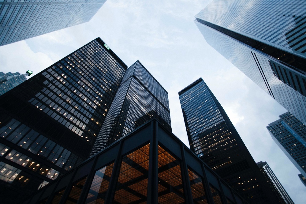 Street View Looking Up at Tall, Black Office Buildings