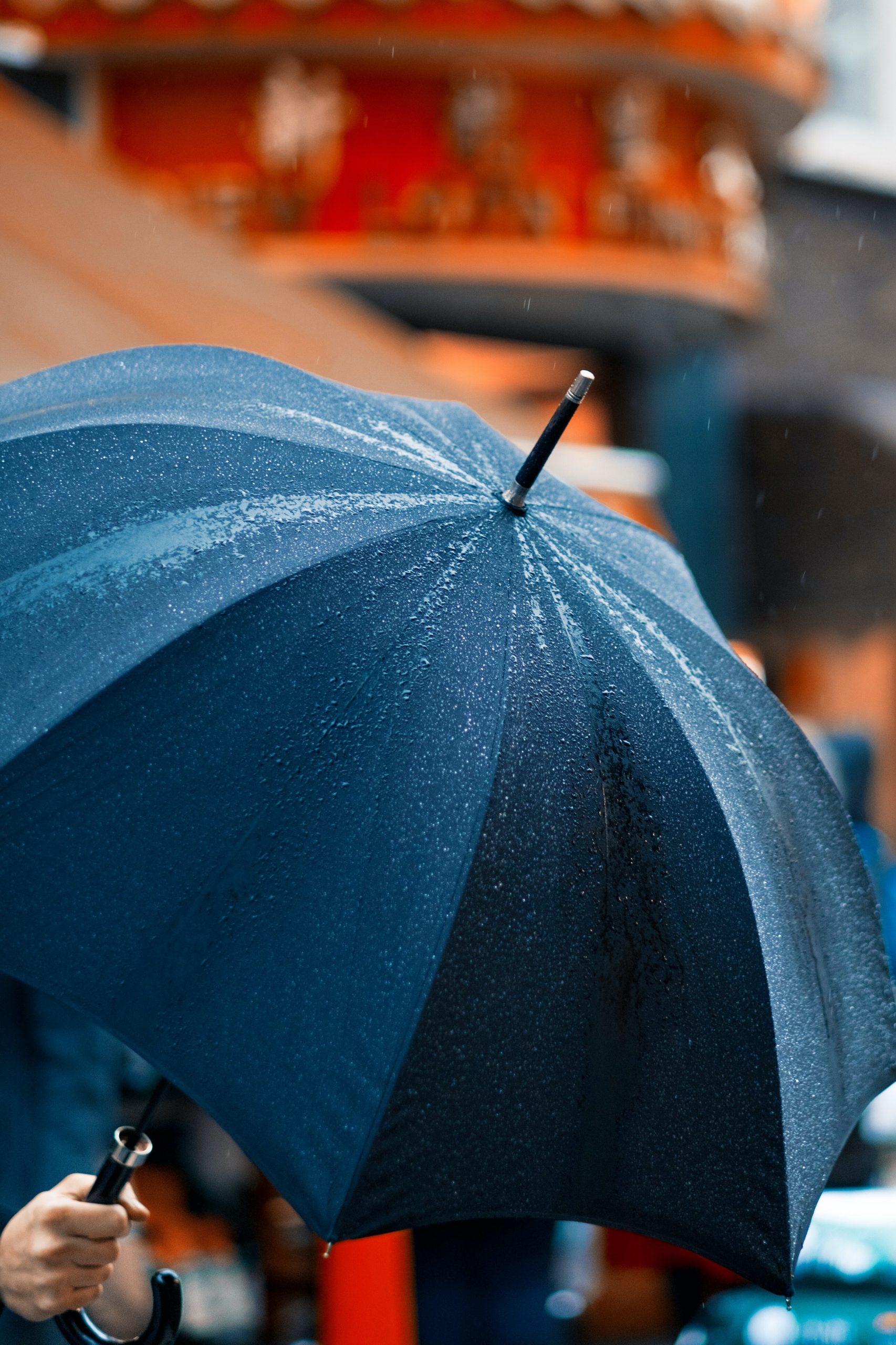 Rain Falling On Umbrella In The City