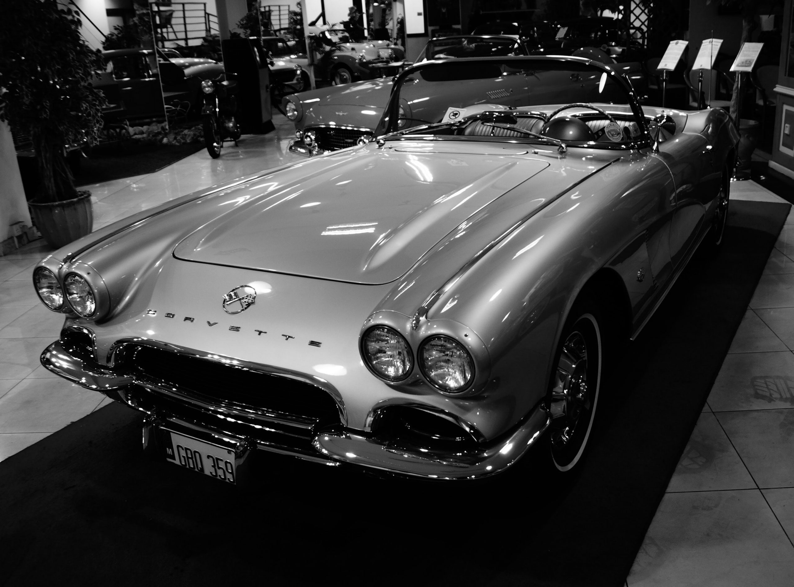 Black and White Picture of Vintage Corvette at Car Show