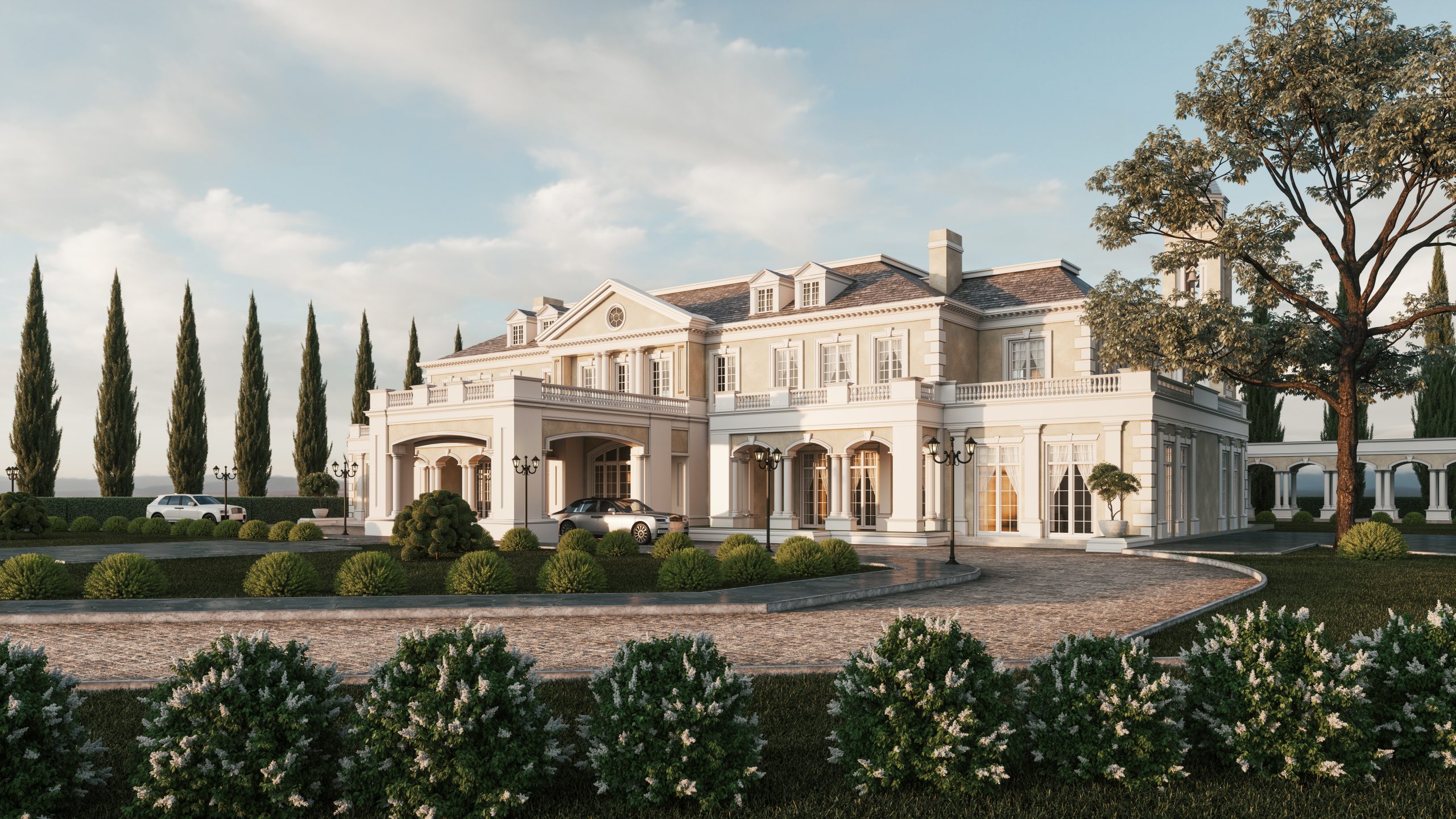 Luxury,Mansion,With,Garden.,Expensive,Cars,In,The,Mansion.,Luxury