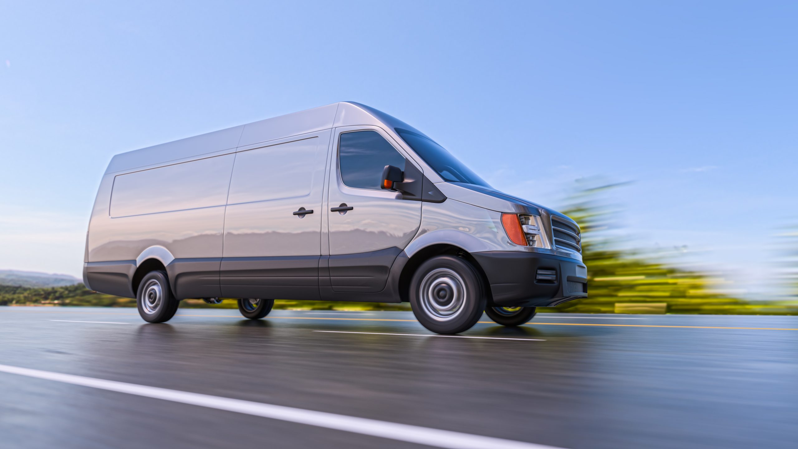 Gray,Commercial,Van,On,Highway,Motion,Blurred,3d,Illustration,Background