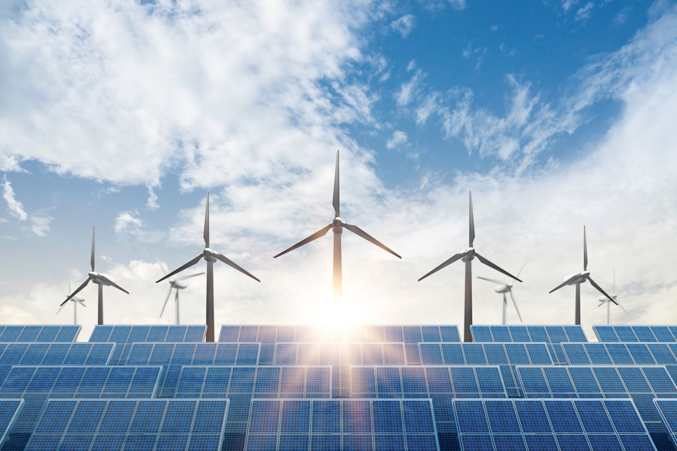 Solar,Cell,Plant,And,Wind,Generators,Under,Blue,Sky,On