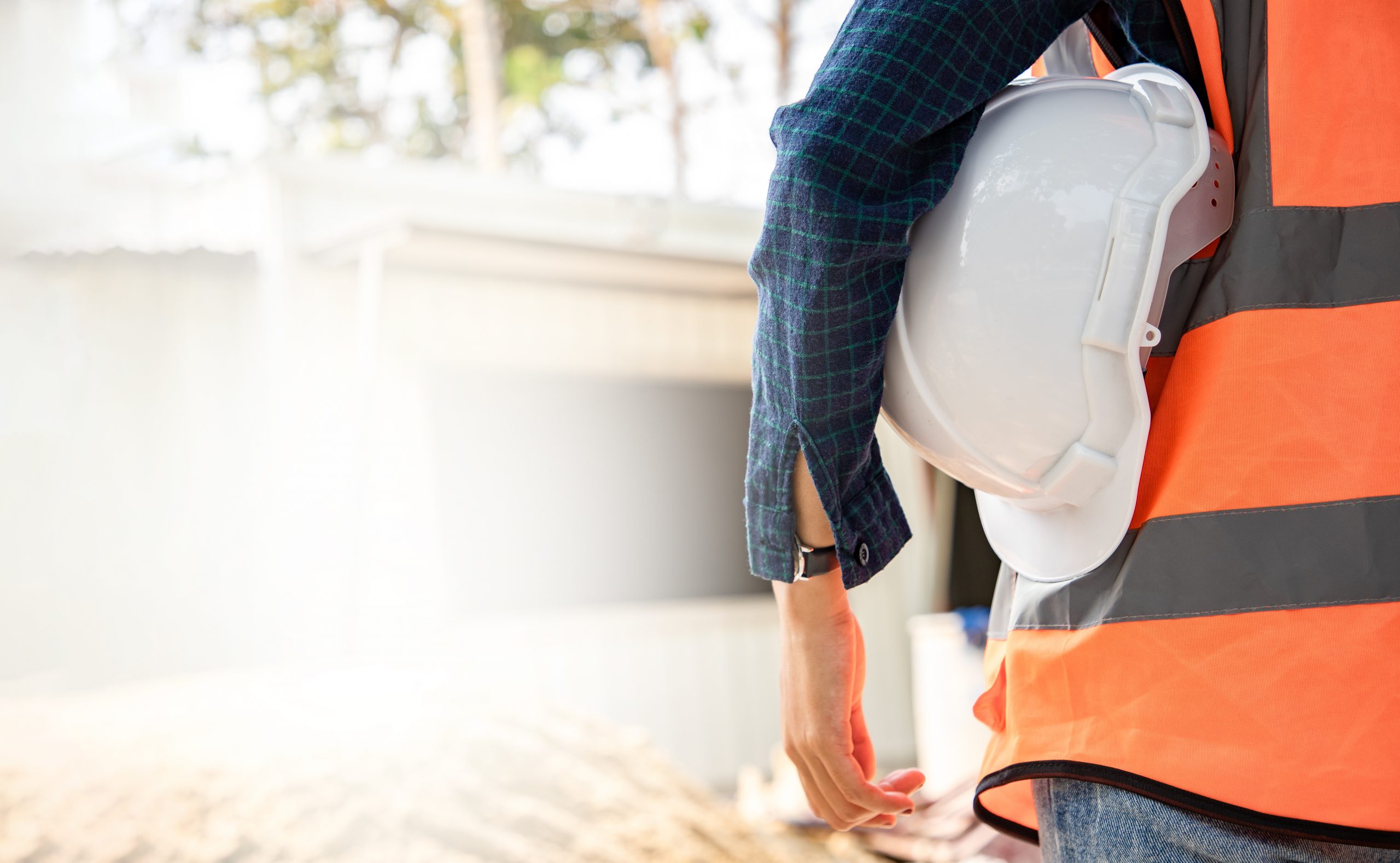 Back,View,Of,Environmental,Engineering,Standing,And,Holding,Hardhat,At