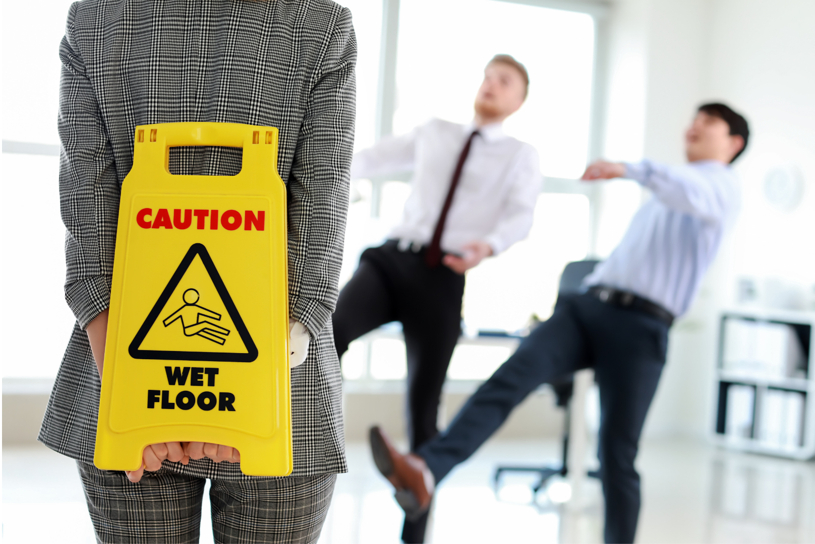 Woman Holding Wet Floor Sign Behind Back as Two Male Coworkers Slip