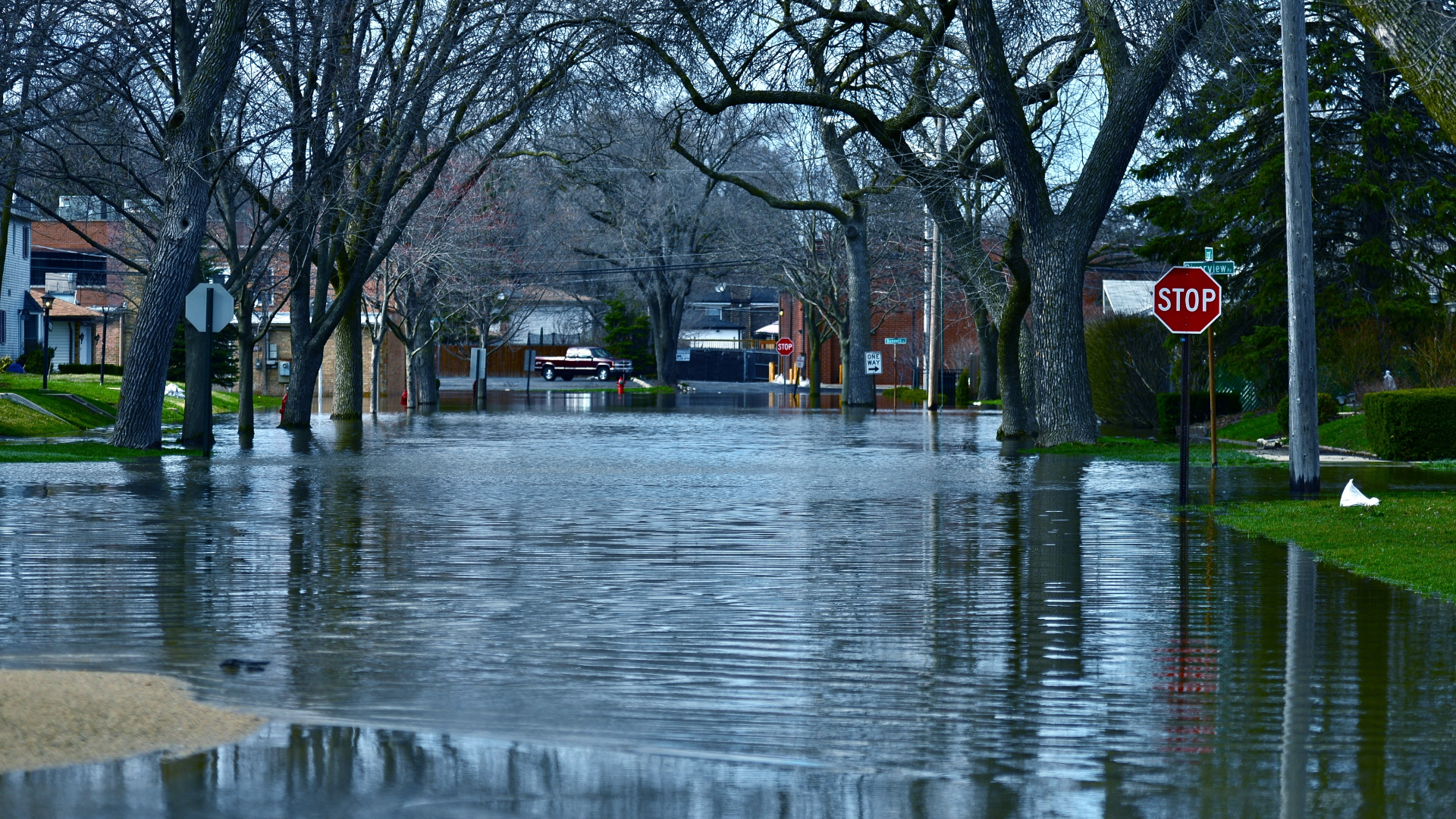 Flooded Street with Stop Sign