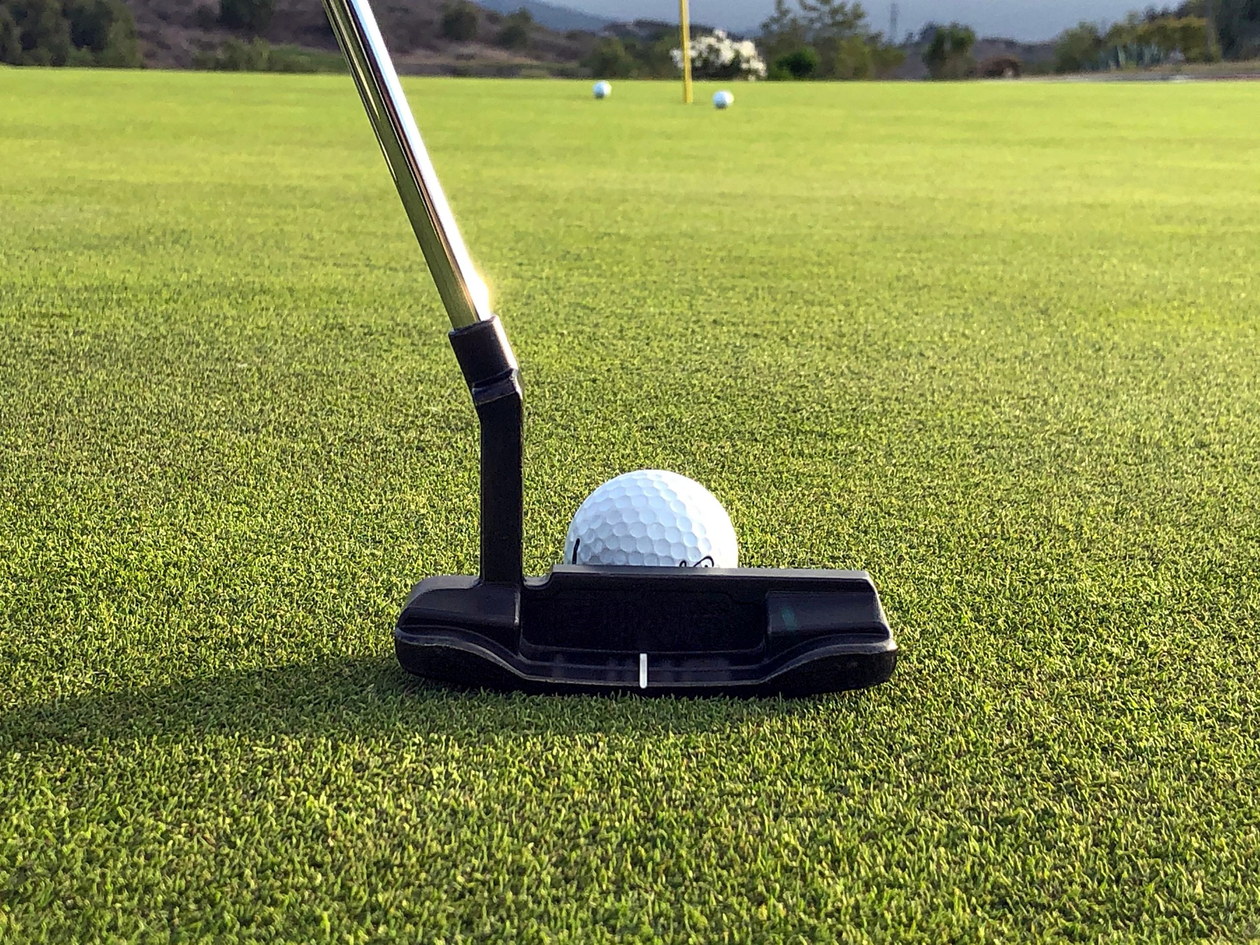 Golf Putter with Golf Pin In Background Golf Putter with Golf Pin In Background