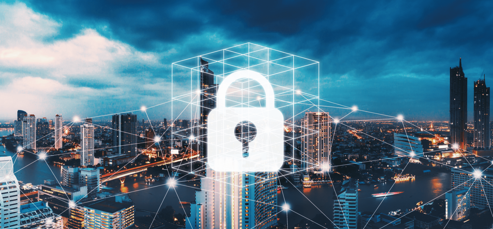 Graphic of Padlock Interlocking Across a City Graphic of Padlock Interlocking Across a City