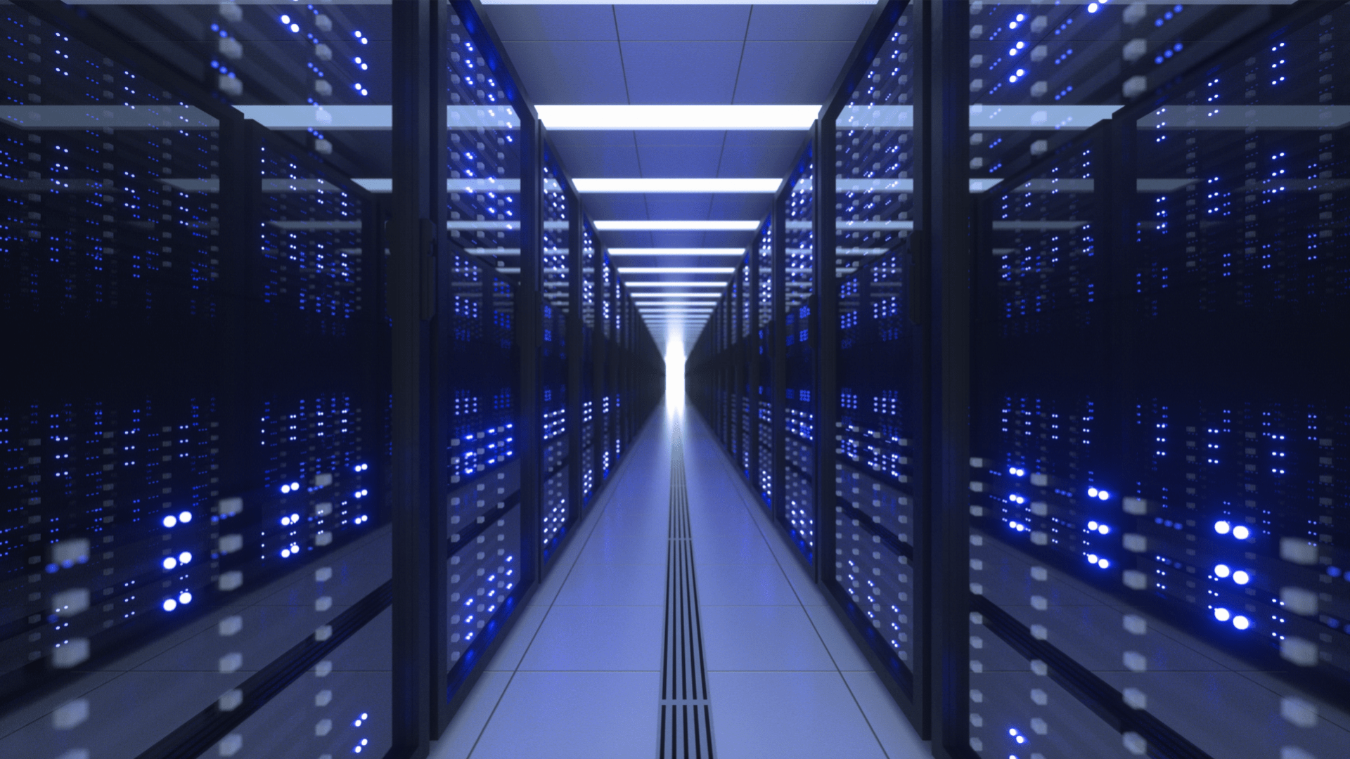 Long Aisle of Technology Servers in Glass Cabinets