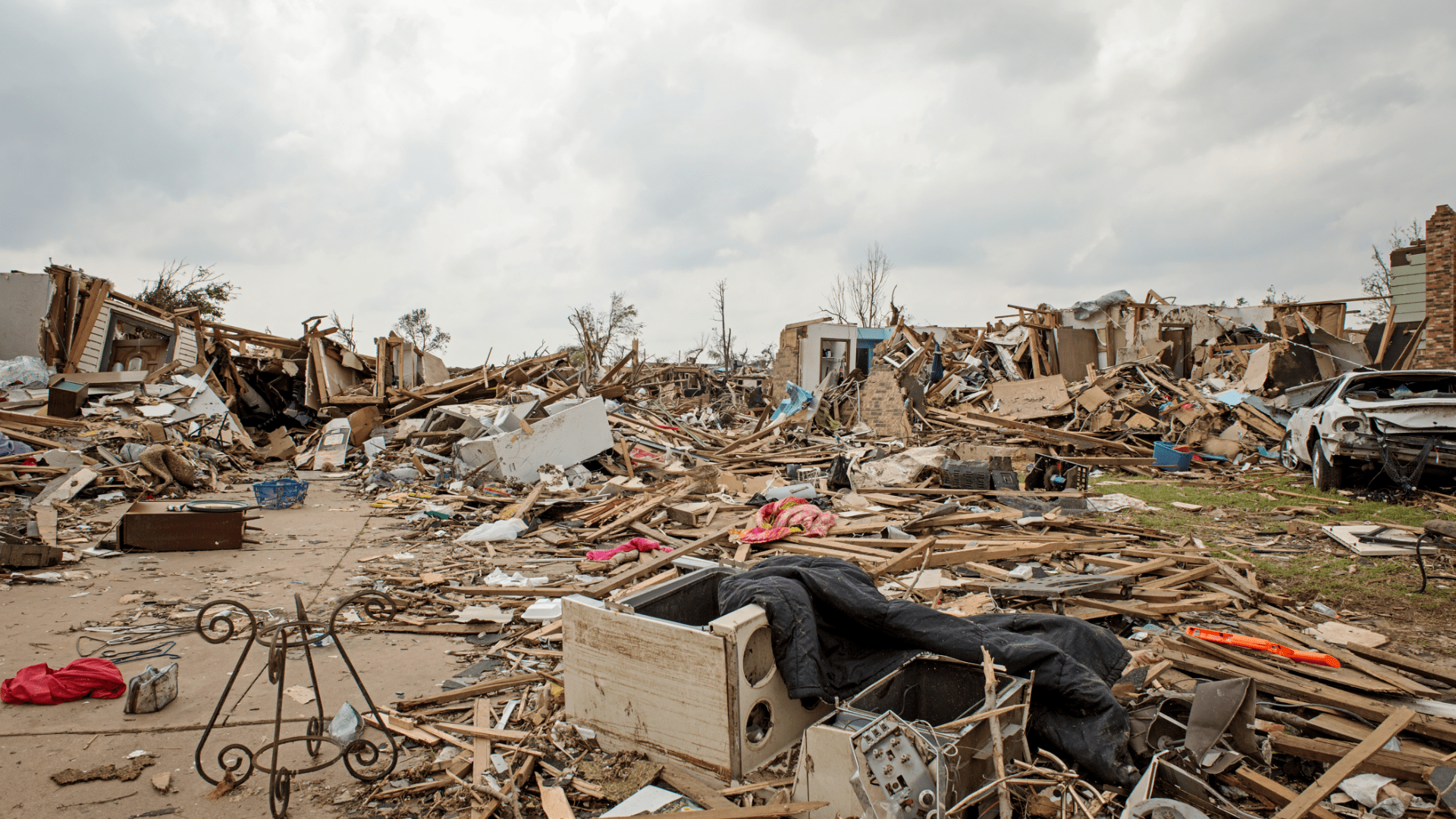 Aftermath of Tornado in Neighborhood with Debris