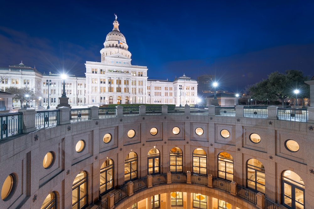Austin, Texas, USA at the Texas State Capitol at night. Tower Street Insurance Loss Control OSHA Safe and Sound Week Safety and Health
